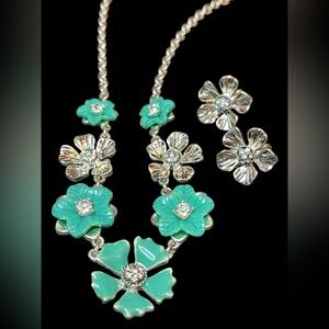 Silver & Turquoise Floral Necklace and Earring Set - Unbranded